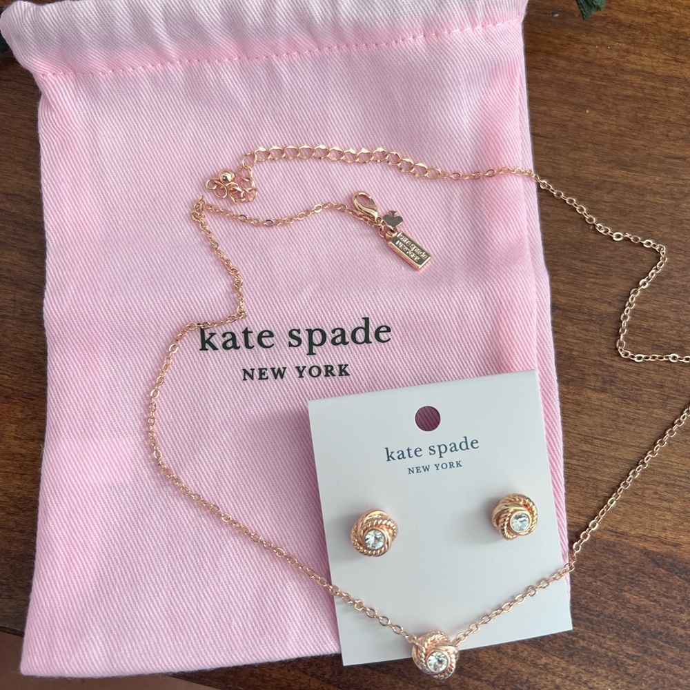 Kate Spade Infinity & Beyond rose gold mini knot pendant and knot stud earrings